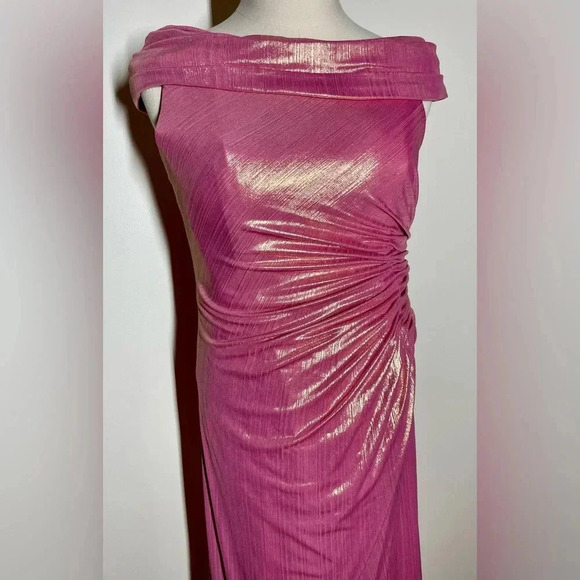 Mac Duggal 27152 | Off The Shoulder Ruched Waist Slit Metallic Gown | Women’s 12 - Picture 4 of 10